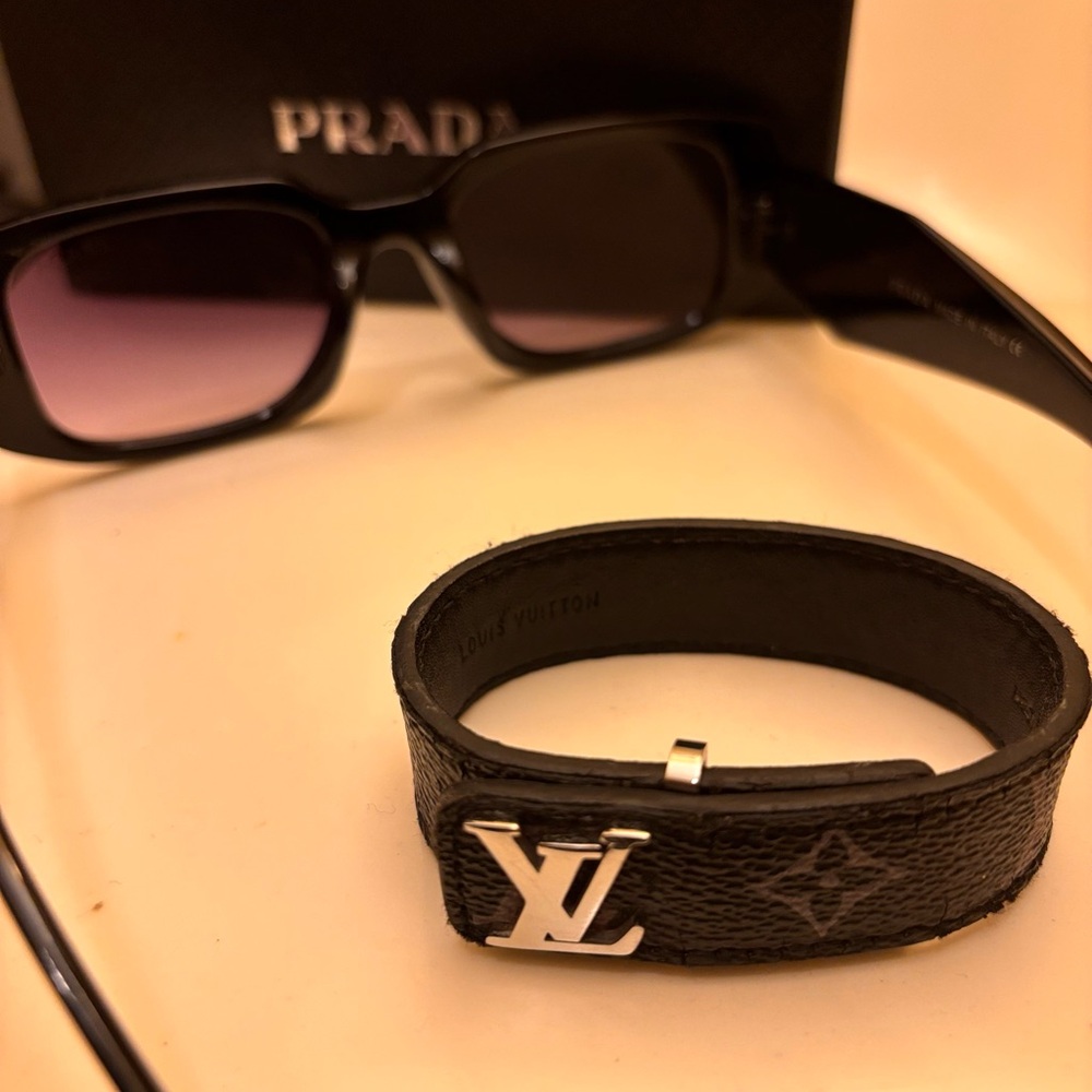 Louis Vuitton Black Leather Bracelet with Silver Logo